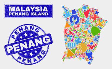 Mozaik Araçlar Penang Adası Haritası ve Çizik Penang Damgası