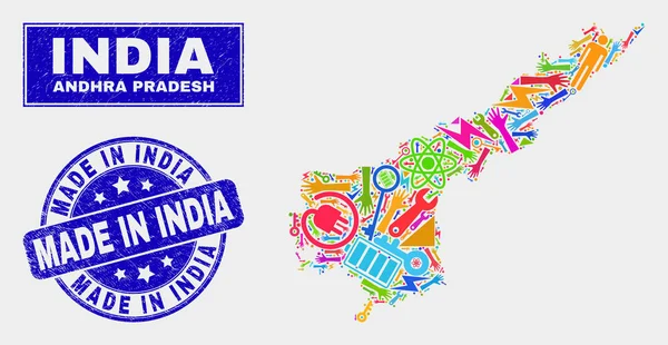 Mosaico Industrial Andhra Pradesh Mapa del Estado y Grunge Made in India Sello de sello — Vector de stock