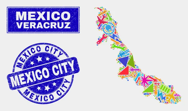 Mosaico Tecnologia Veracruz Mapa do Estado e Grunge México City Seal — Vetor de Stock