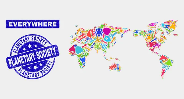 Мозаика Промышленная карта мира и печать бедственного планетарного общества — стоковый вектор