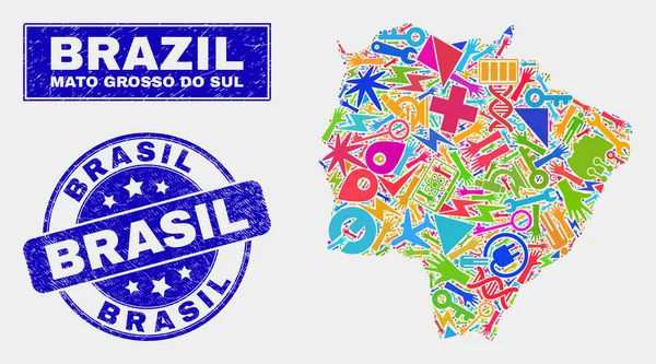 Mosaico Tecnologia Mato Grosso Do Sul Mapa do Estado e Selo Brasil Arranhado — Vetor de Stock