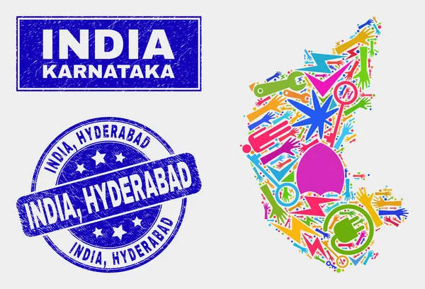 Herramientas de collage Karnataka State Map and Grunge India, Hyderabad Sello de sello — Vector de stock