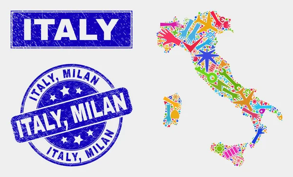 Mosaic Service Italy Mappa e Grunge Italia, Milano Filigrana — Vettoriale Stock