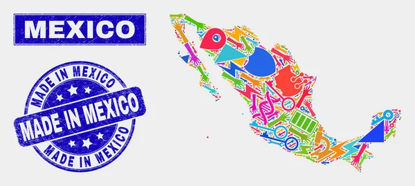 Collage Tools México Mapa y Rasguño Hecho en México Sello — Vector de stock