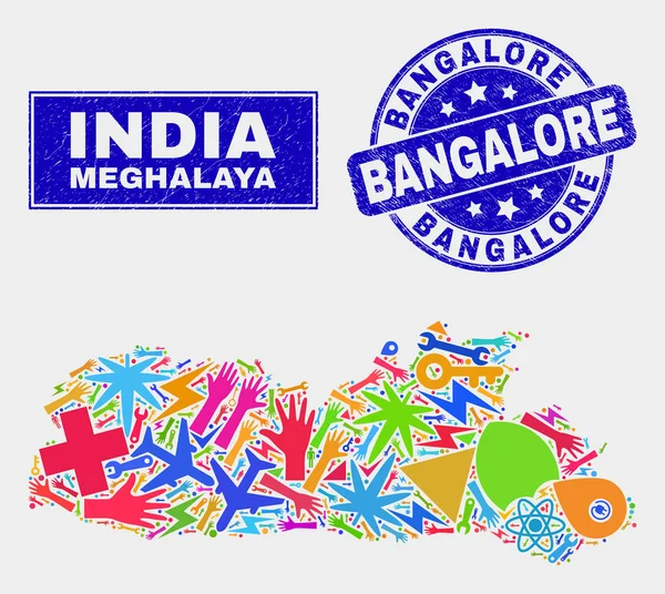 Collage Industrial Meghalaya Estado Mapa y rasguño Bangalore Sello — Vector de stock
