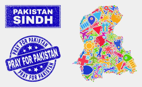 Collage Tools Sindh Province Map and Scratched Pray for Pakistan Seal — Stock Vector