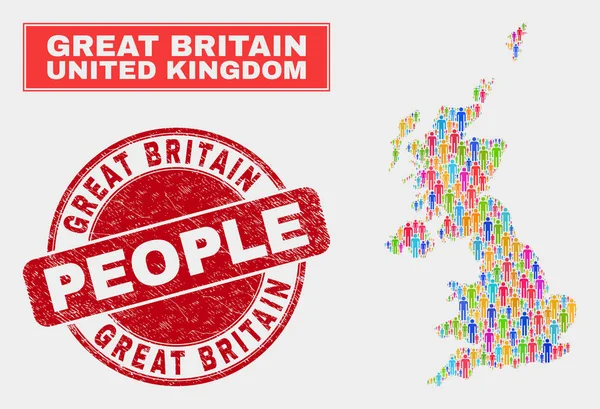 Vereinigtes Königreich Karte Bevölkerung Menschen und texturierte Stempel Siegel — Stockvektor