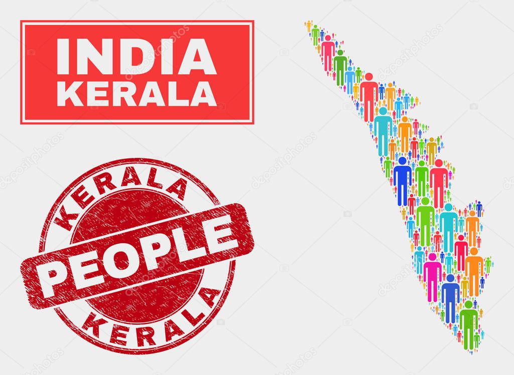 Kerala State Map Population Demographics and Scratched Stamp