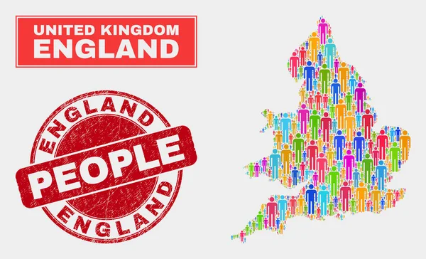 Engeland kaart bevolking mensen en vuile stempel — Stockvector