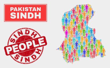 Sindh Province Map Population Demographics and Textured Stamp Seal clipart