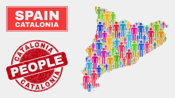 Catalonia Map Population Demographics and Rubber Watermark — Stock Vector