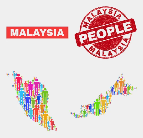 Malaysia Karte Bevölkerungsdemographie und texturiertes Stempelsiegel — Stockvektor