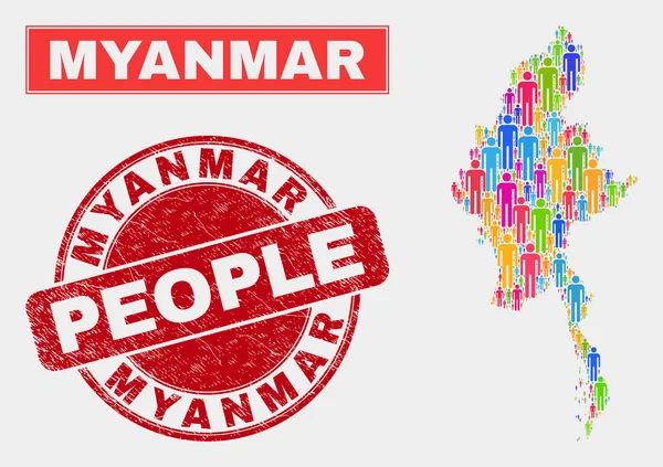 미얀마 지도 인구 통계 및 부식 스탬프 — 스톡 벡터