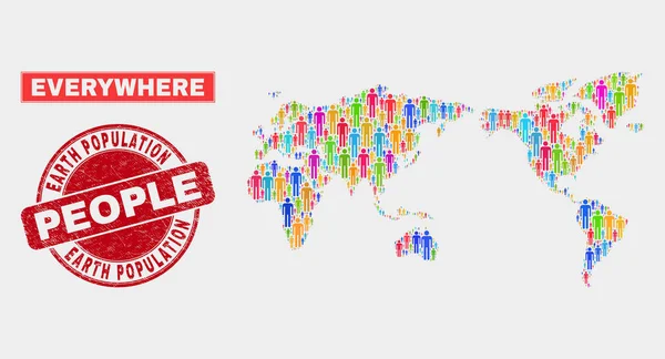 Weltkarte Bevölkerung Menschen und texturierte Marke — Stockvektor