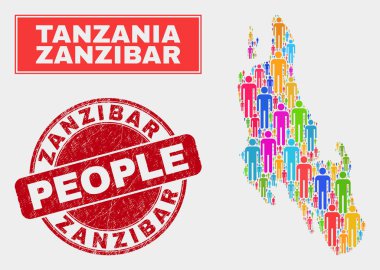 Zanzibar Adası Harita Nüfus İnsanlar ve Grunge Seal