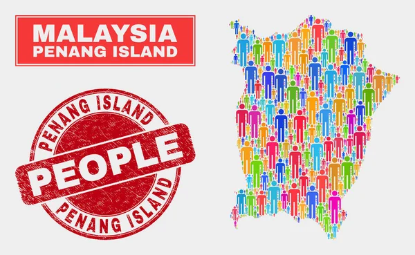 Insel Penang Karte Bevölkerung und zerkratzte Wasserzeichen — Stockvektor