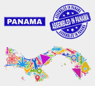 Kolaj Araçları Panama Haritası ve Grunge Panama Damgası Toplandı