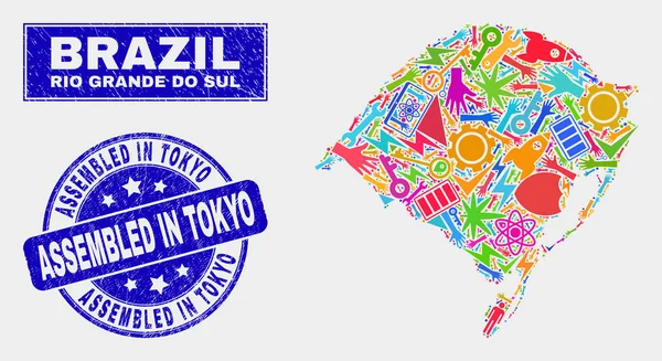 Herramientas de collage Rio Grande Do Sul Mapa estatal y grunge montados en Tokio Sello — Vector de stock