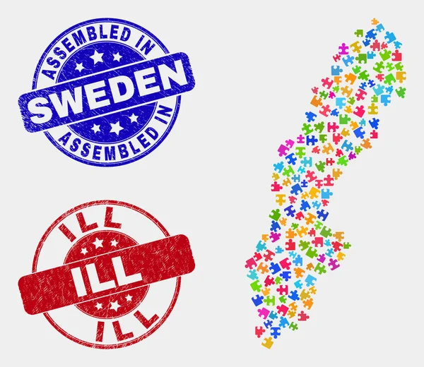 Puzzle İsveç Haritası ve Çizik Monte ve Ill Filigranlar — Stok Vektör