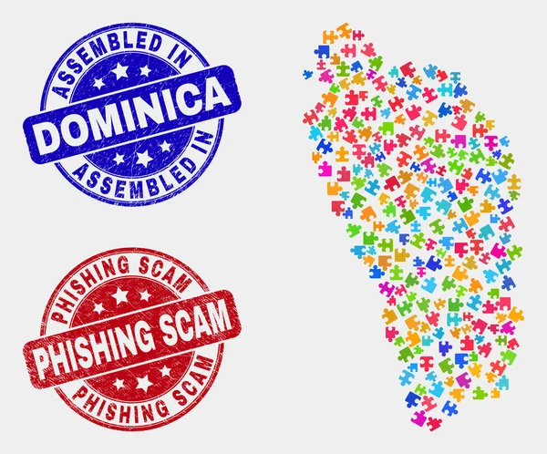Módulo Dominica Island Mapa y Grunge Montado y Phishing estafa marcas de agua — Vector de stock