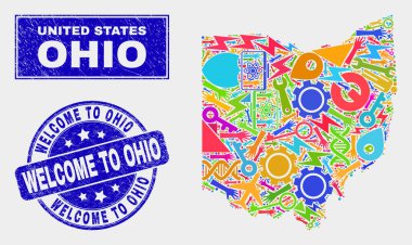 Kolaj Servisi Ohio Eyalet Haritası ve Çizik Hoş geldiniz Ohio Filigran