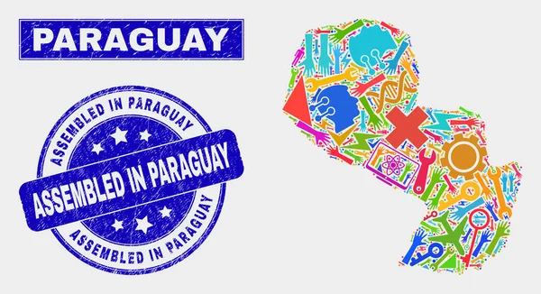 Mosaico Tecnologia Paraguay Mappa e Grunge Assemblato in Paraguay Sigillo di francobollo — Vettoriale Stock