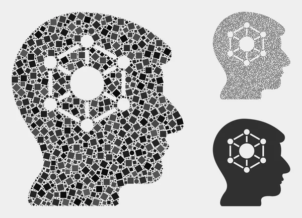 Human Brain Icon Mosaics of Squares and Circles — Stock Vector