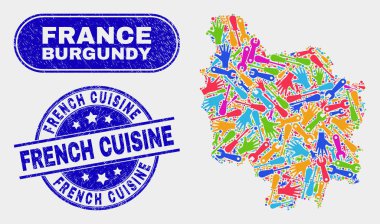 İnşaat Burgundy İl Haritası ve Grunge Fransız Mutfağı Seals