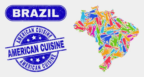 Mapa de Serviço Brasil e Selos de Selo de Cozinha Americana Raspadinha —  Vetores de Stock