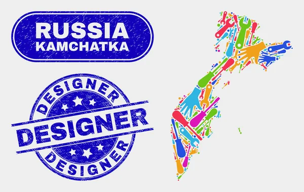 Fábrica Kamchatka Mapa y angustia Diseñador Sellos — Archivo Imágenes Vectoriales