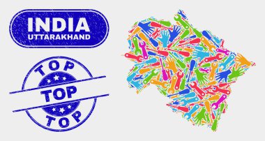 Montaj Uttarakhand Devlet Haritası ve Grunge Top Seals