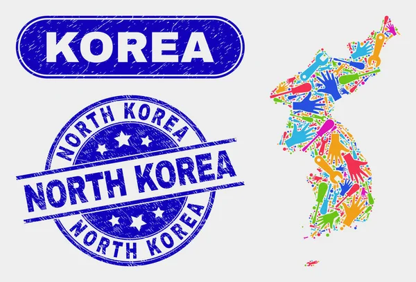 Üretim Kore Haritası ve Çizik Kuzey Kore Pulları — Stok Vektör