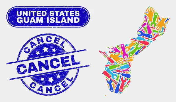 Montaje Guam Island Mapa y Rasguño Cancelar Sellos — Vector de stock