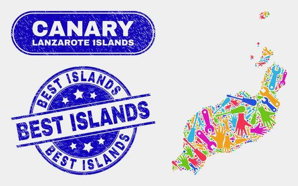 Construcción Islas Lanzarote Mapa y arañazos Las Mejores Islas Sellos — Vector de stock
