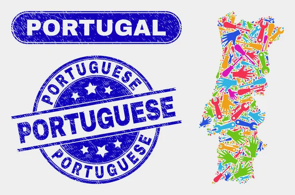 Ferramentas Portugal Mapa e Grunge Selos Portugueses — Vetor de Stock