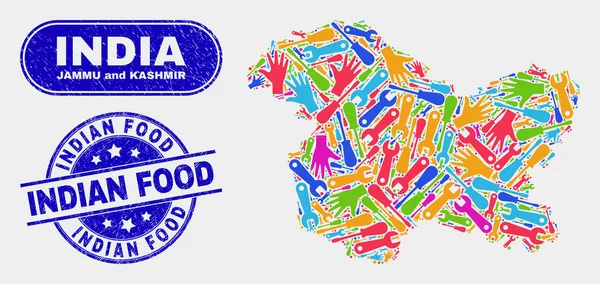 Montar Jammu y Cachemira mapa del estado y la angustia India alimentos sellos — Vector de stock