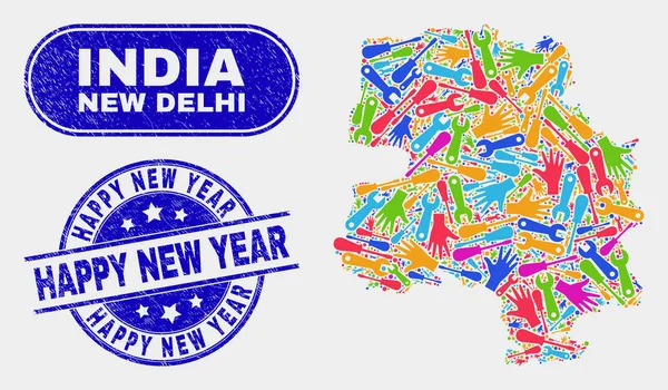 Mapa industrial de la ciudad de Nueva Delhi y Grunge Feliz Año Nuevo marcas de agua — Vector de stock