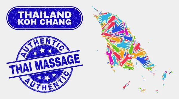 Mapa de construção Koh Chang e marcas d 'água de massagem tailandesas autênticas raspadas — Vetor de Stock