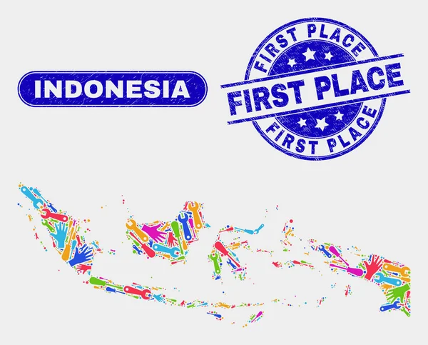 Montar Mapa de Indonesia y Sellos de Primer Lugar Rasguñados — Archivo Imágenes Vectoriales