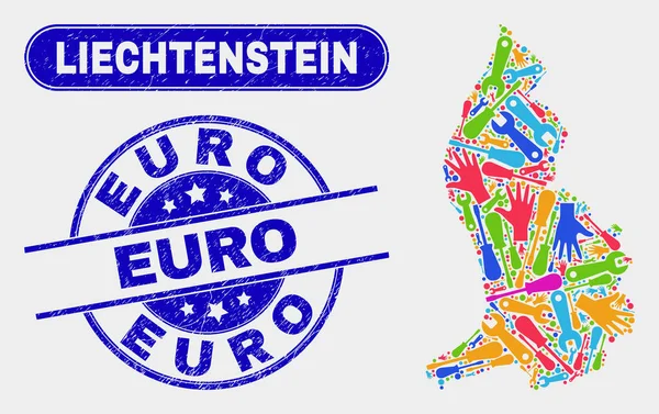 Productie Liechtenstein kaart en grunge euro watermerken — Stockvector
