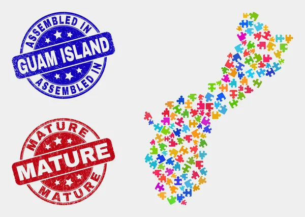Puzzle Guam Island Mapa y arañazos ensamblados y sellos maduros — Vector de stock