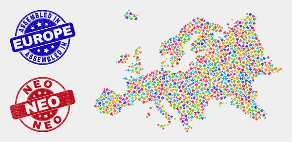 Puzzle Europe Carte et Distress Assemblés et Neo Seals — Image vectorielle