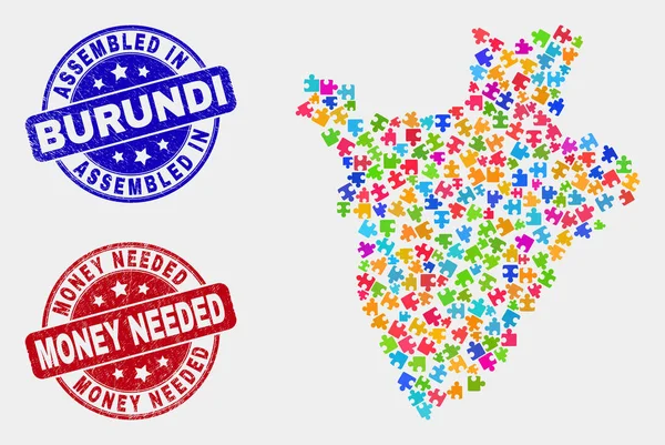 Puzzle Burundi Mapa y Grunge montado y el dinero necesario marcas de agua — Vector de stock
