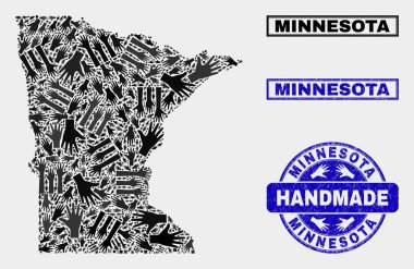 Minnesota Eyalet Haritası ve Çizik Damga El Yapımı Kompozisyon