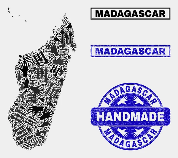 Колаж ручної роботи на мапі острова Мадагаскар і фактурна штамп — стоковий вектор