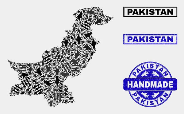 Composición hecha a mano del mapa de Pakistán y el sello texturizado — Vector de stock