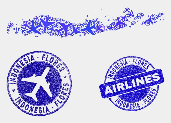 Skład lotnictwa Vector Flores wyspy Indonezji Mapa i grunge znaczki — Wektor stockowy