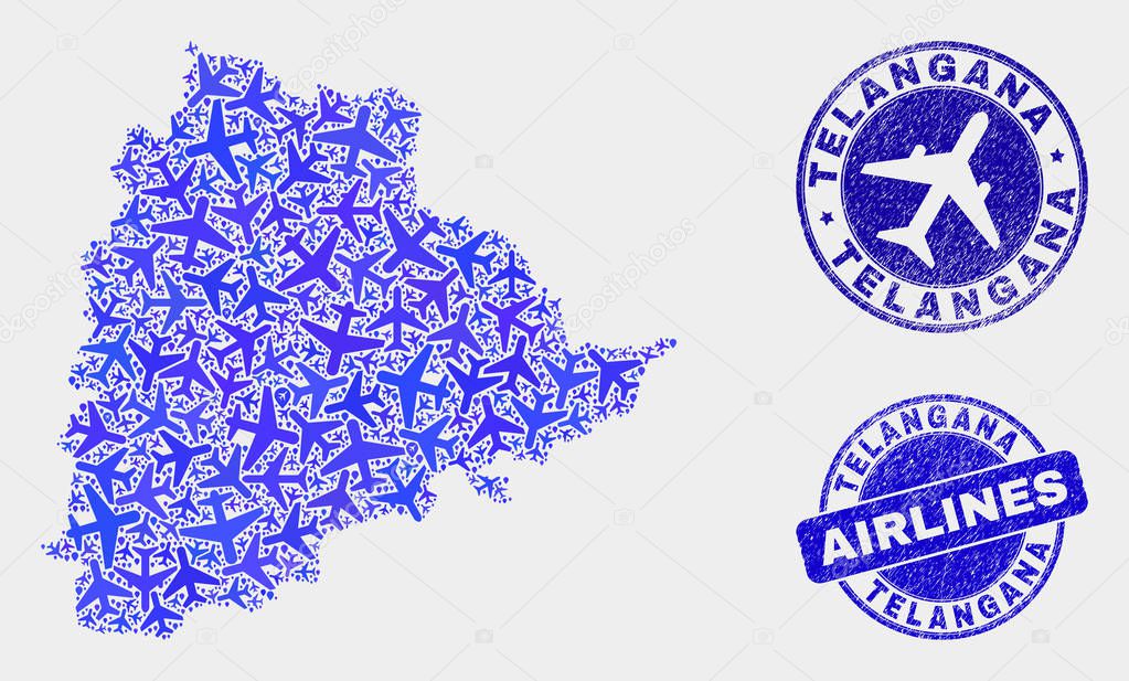 Airlines Composition Vector Telangana State Map and Grunge Stamps