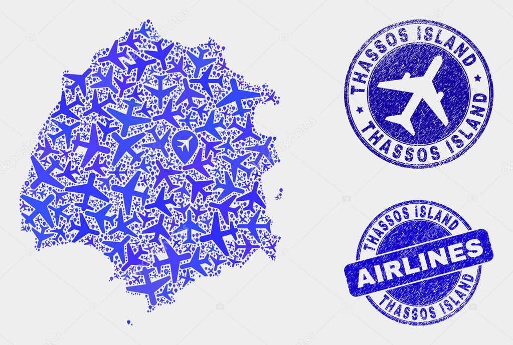 Aviation Collage Vector Thassos Island Map and Grunge Stamps