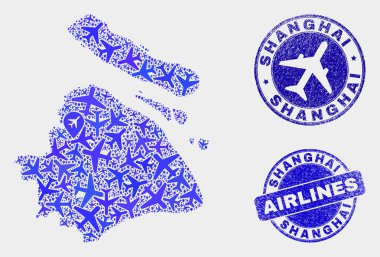Uçak Mozaik Vektör Şangay Şehir Haritası ve Grunge Pullar